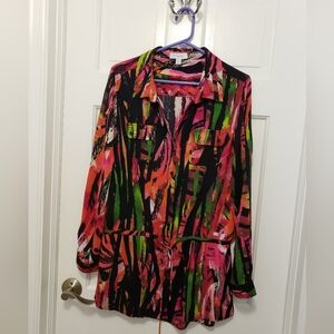 Calvin Klein Abstract Print Blouse Size Large, Rolltab Sleeves, Drawstring Tie